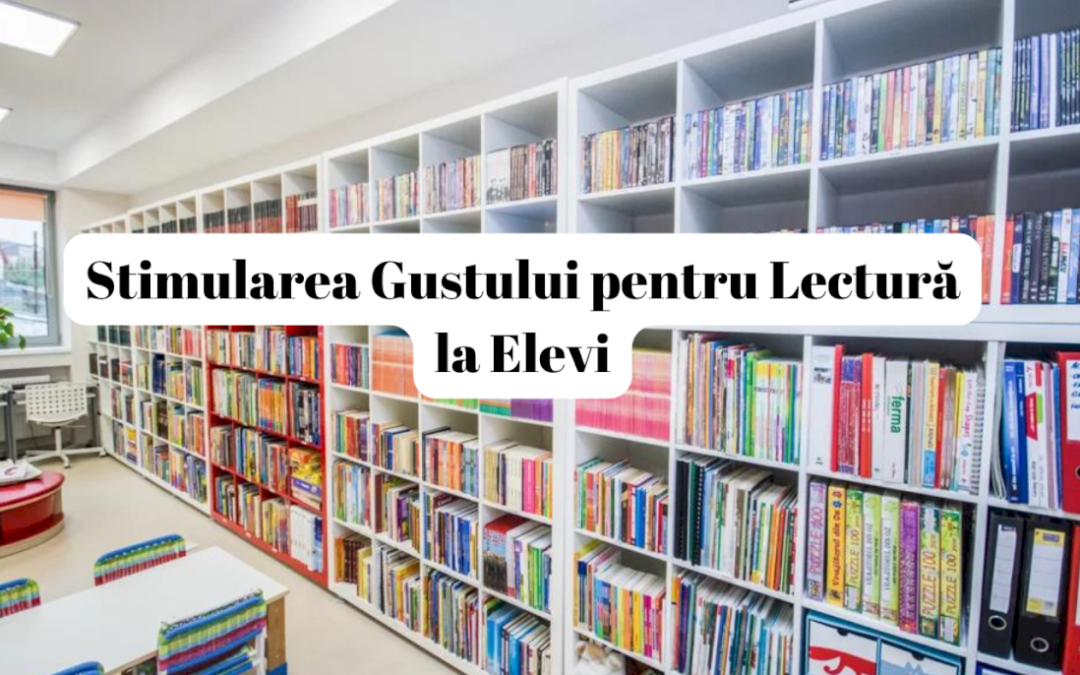 O sală de bibliotecă luminată, cu rafturi albe pline cu cărți colorate și un afiș în limba română care îi încurajează pe studenți să îmbrățișeze lectura.